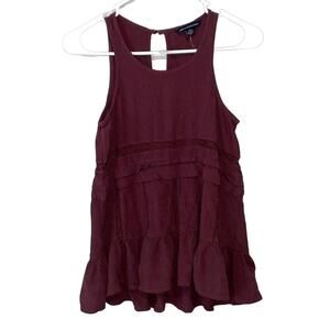 American Eagle Burgundy Tank Top XXS Cut Out Sleeveless Ruffle Tiered Eyelet